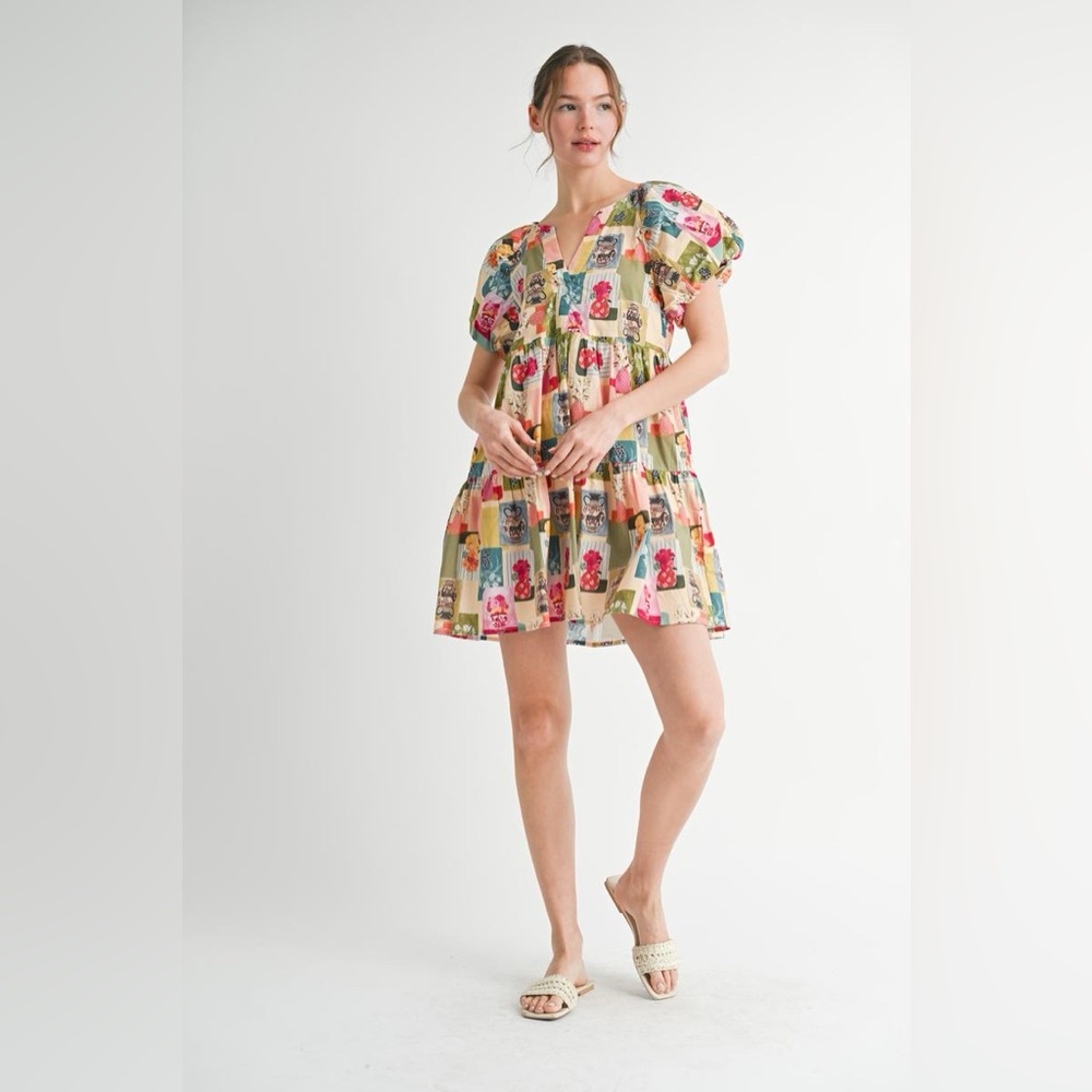 #51 Firm Patchwork Floral Babydoll Dress in Cream, Green & Pink - Picture 2 of 3